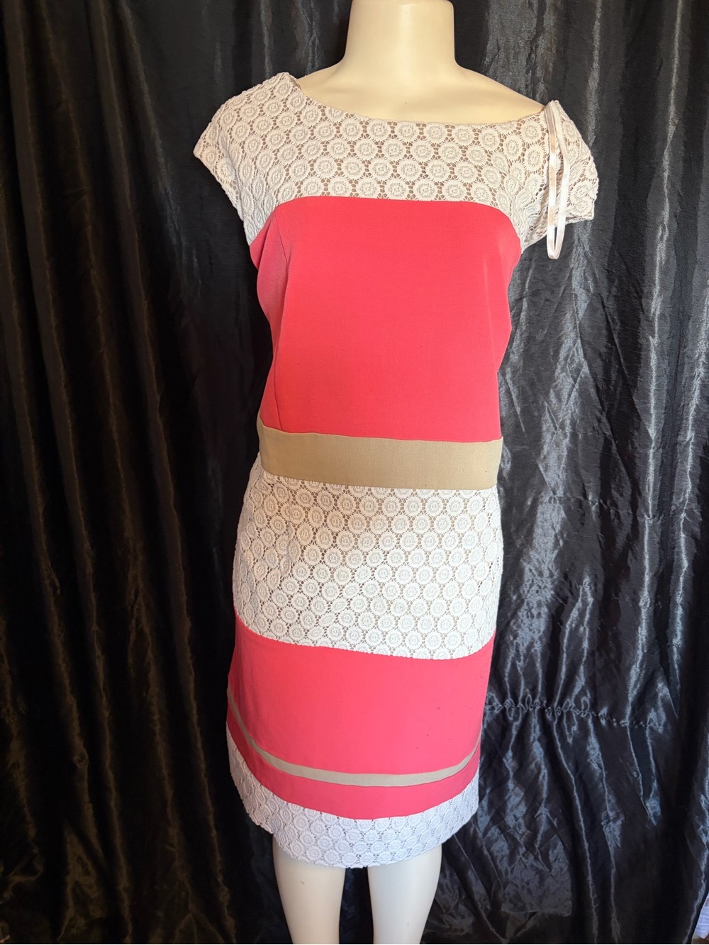 Sandra Darren Coral and Cream Lace Trim Sheath Dress